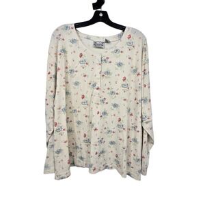 Vintage 90s Y2K Ditsy Floral Henley Top Womens 3X Thermal Rib Fairy Cottage Boho